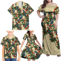 New Zealand Christmas Family Matching Off Shoulder Maxi Dress and Hawaiian Shirt Romantic Tui Birds on Pohutukawa - Ivory LT7 - Polynesian Pride