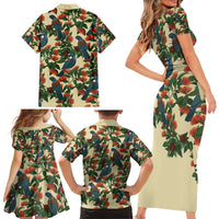 New Zealand Christmas Family Matching Short Sleeve Bodycon Dress and Hawaiian Shirt Romantic Tui Birds on Pohutukawa - Ivory LT7 - Polynesian Pride