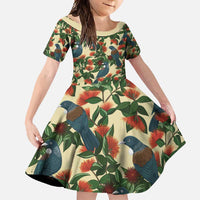 New Zealand Christmas Family Matching Summer Maxi Dress and Hawaiian Shirt Romantic Tui Birds on Pohutukawa - Ivory LT7 Daughter's Dress Ivory - Polynesian Pride