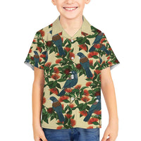 New Zealand Christmas Kid Hawaiian Shirt Romantic Tui Birds on Pohutukawa - Ivory - Polynesian Pride