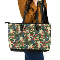 New Zealand Christmas Leather Tote Bag Romantic Tui Birds on Pohutukawa - Ivory - Polynesian Pride