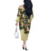 New Zealand Christmas Off The Shoulder Long Sleeve Dress Romantic Tui Birds on Pohutukawa - Ivory LT7 - Polynesian Pride