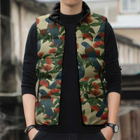 New Zealand Christmas Sleeveless Puffer Jacket Romantic Tui Birds on Pohutukawa - Ivory - Polynesian Pride