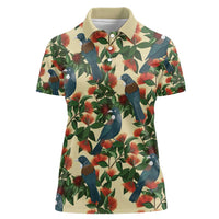 New Zealand Christmas Women Polo Shirt Romantic Tui Birds on Pohutukawa - Ivory LT7 Female Ivory - Polynesian Pride