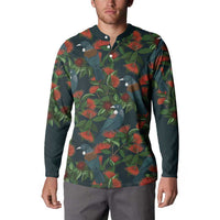 New Zealand Christmas Button Sweatshirt Romantic Tui Birds on Pohutukawa - Cobalt - Polynesian Pride