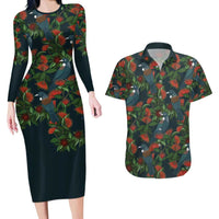 New Zealand Christmas Couples Matching Long Sleeve Bodycon Dress and Hawaiian Shirt Romantic Tui Birds on Pohutukawa - Cobalt LT7 Cobalt - Polynesian Pride