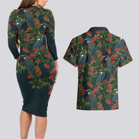 New Zealand Christmas Couples Matching Long Sleeve Bodycon Dress and Hawaiian Shirt Romantic Tui Birds on Pohutukawa - Cobalt LT7 - Polynesian Pride