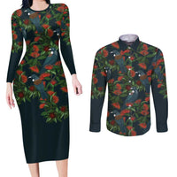 New Zealand Christmas Couples Matching Long Sleeve Bodycon Dress and Long Sleeve Button Shirt Romantic Tui Birds on Pohutukawa - Cobalt LT7 Cobalt - Polynesian Pride