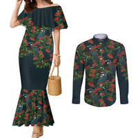 New Zealand Christmas Couples Matching Mermaid Dress and Long Sleeve Button Shirt Romantic Tui Birds on Pohutukawa - Cobalt LT7 Cobalt - Polynesian Pride