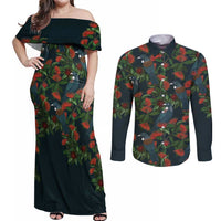 New Zealand Christmas Couples Matching Off Shoulder Maxi Dress and Long Sleeve Button Shirt Romantic Tui Birds on Pohutukawa - Cobalt LT7 Cobalt - Polynesian Pride