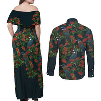 New Zealand Christmas Couples Matching Off Shoulder Maxi Dress and Long Sleeve Button Shirt Romantic Tui Birds on Pohutukawa - Cobalt LT7 - Polynesian Pride