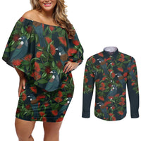 New Zealand Christmas Couples Matching Off Shoulder Short Dress and Long Sleeve Button Shirt Romantic Tui Birds on Pohutukawa - Cobalt LT7 Cobalt - Polynesian Pride