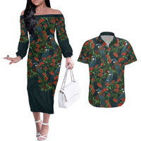 New Zealand Christmas Couples Matching Off The Shoulder Long Sleeve Dress and Hawaiian Shirt Romantic Tui Birds on Pohutukawa - Cobalt LT7 Cobalt - Polynesian Pride