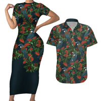 New Zealand Christmas Couples Matching Short Sleeve Bodycon Dress and Hawaiian Shirt Romantic Tui Birds on Pohutukawa - Cobalt LT7 Cobalt - Polynesian Pride