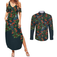New Zealand Christmas Couples Matching Summer Maxi Dress and Long Sleeve Button Shirt Romantic Tui Birds on Pohutukawa - Cobalt LT7 Cobalt - Polynesian Pride