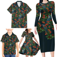 New Zealand Christmas Family Matching Long Sleeve Bodycon Dress and Hawaiian Shirt Romantic Tui Birds on Pohutukawa - Cobalt LT7 - Polynesian Pride