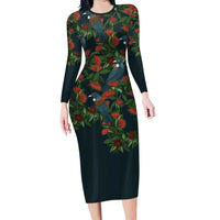 New Zealand Christmas Family Matching Long Sleeve Bodycon Dress and Hawaiian Shirt Romantic Tui Birds on Pohutukawa - Cobalt LT7 Mom's Dress Cobalt - Polynesian Pride