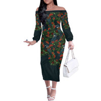 New Zealand Christmas Family Matching Off The Shoulder Long Sleeve Dress and Hawaiian Shirt Romantic Tui Birds on Pohutukawa - Cobalt LT7 Mom's Dress Cobalt - Polynesian Pride
