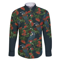 New Zealand Christmas Family Matching Off Shoulder Short Dress and Hawaiian Shirt Romantic Tui Birds on Pohutukawa - Cobalt LT7 Dad's Shirt - Long Sleeve Cobalt - Polynesian Pride
