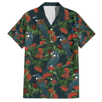 New Zealand Christmas Family Matching Short Sleeve Bodycon Dress and Hawaiian Shirt Romantic Tui Birds on Pohutukawa - Cobalt LT7 Dad's Shirt - Short Sleeve Cobalt - Polynesian Pride
