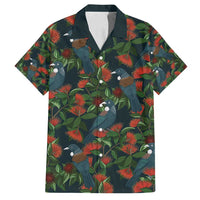 New Zealand Christmas Family Matching Summer Maxi Dress and Hawaiian Shirt Romantic Tui Birds on Pohutukawa - Cobalt LT7 Dad's Shirt - Short Sleeve Cobalt - Polynesian Pride