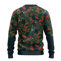 New Zealand Christmas Ugly Christmas Sweater Romantic Tui Birds on Pohutukawa - Cobalt - Polynesian Pride