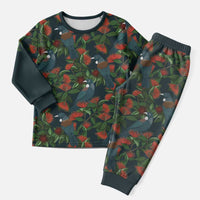 New Zealand Christmas Pajama Set Romantic Tui Birds on Pohutukawa - Cobalt - Polynesian Pride