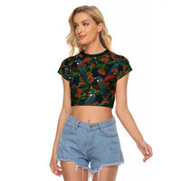 New Zealand Christmas Raglan Cropped T Shirt Romantic Tui Birds on Pohutukawa - Cobalt - Polynesian Pride