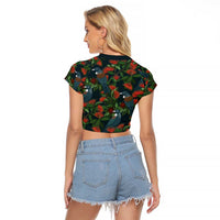 New Zealand Christmas Raglan Cropped T Shirt Romantic Tui Birds on Pohutukawa - Cobalt - Polynesian Pride