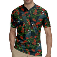 New Zealand Christmas Rugby Jersey Romantic Tui Birds on Pohutukawa - Cobalt - Polynesian Pride
