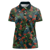 New Zealand Christmas Women Polo Shirt Romantic Tui Birds on Pohutukawa - Cobalt LT7 Female Cobalt - Polynesian Pride