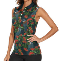 New Zealand Christmas Women Sleeveless Polo Shirt Romantic Tui Birds on Pohutukawa - Cobalt LT7 - Polynesian Pride
