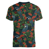 New Zealand Christmas Women V-Neck T-Shirt Romantic Tui Birds on Pohutukawa - Cobalt LT7 - Polynesian Pride