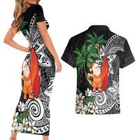 Polynesian Couples Matching Short Sleeve Bodycon Dress and Hawaiian Shirt Tropical Santa - Plumeria Black Vintage LT7 - Polynesian Pride