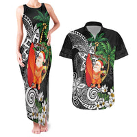 Polynesian Couples Matching Tank Maxi Dress and Hawaiian Shirt Tropical Santa - Plumeria Black Vintage