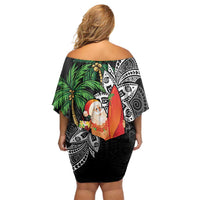 Polynesian Family Matching Off Shoulder Short Dress and Hawaiian Shirt Tropical Santa - Plumeria Black Vintage LT7 - Polynesian Pride