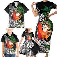 Polynesian Family Matching Short Sleeve Bodycon Dress and Hawaiian Shirt Tropical Santa - Plumeria Black Vintage