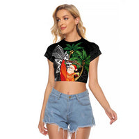 Polynesian Raglan Cropped T Shirt Tropical Santa - Plumeria Black Vintage