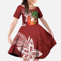 Polynesian Family Matching Off The Shoulder Long Sleeve Dress and Hawaiian Shirt Tropical Santa - Plumeria Red Vintage LT7 Daughter's Dress Red - Polynesian Pride