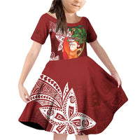 Polynesian Family Matching Off Shoulder Short Dress and Hawaiian Shirt Tropical Santa - Plumeria Red Vintage LT7 Daughter's Dress Red - Polynesian Pride