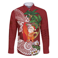 Polynesian Family Matching Tank Maxi Dress and Hawaiian Shirt Tropical Santa - Plumeria Red Vintage LT7 Dad's Shirt - Long Sleeve Red - Polynesian Pride
