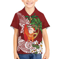 Polynesian Family Matching Tank Maxi Dress and Hawaiian Shirt Tropical Santa - Plumeria Red Vintage LT7 Son's Shirt Red - Polynesian Pride