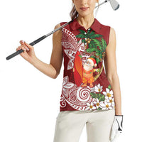 Polynesian Women Sleeveless Polo Shirt Tropical Santa - Plumeria Red Vintage