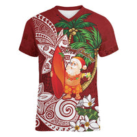 Polynesian Women V-Neck T-Shirt Tropical Santa - Plumeria Red Vintage