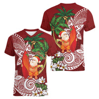 Polynesian Women V-Neck T-Shirt Tropical Santa - Plumeria Red Vintage