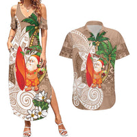 Polynesian Couples Matching Summer Maxi Dress and Hawaiian Shirt Tropical Santa - Plumeria Beige Vintage
