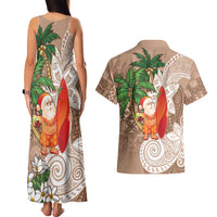 Polynesian Couples Matching Tank Maxi Dress and Hawaiian Shirt Tropical Santa - Plumeria Beige Vintage