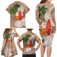 Polynesian Family Matching Long Sleeve Bodycon Dress and Hawaiian Shirt Tropical Santa - Plumeria Beige Vintage