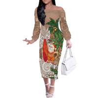 Polynesian Family Matching Off The Shoulder Long Sleeve Dress and Hawaiian Shirt Tropical Santa - Plumeria Beige Vintage LT7 Mom's Dress Beige - Polynesian Pride
