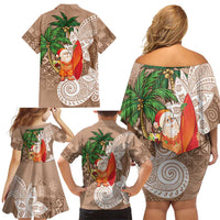 Polynesian Family Matching Off Shoulder Short Dress and Hawaiian Shirt Tropical Santa - Plumeria Beige Vintage LT7 - Polynesian Pride